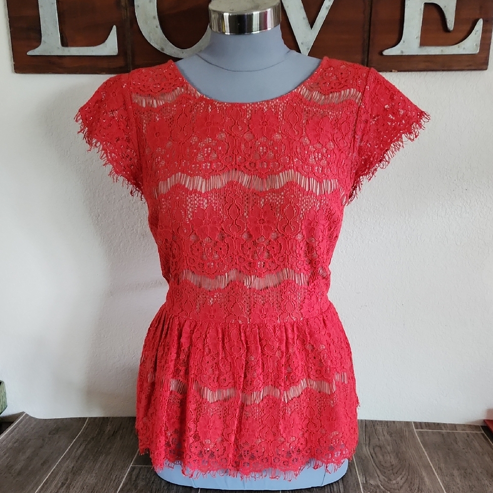 Red Lace Peplum Top by Maeve for Anthropologie  | Label Size L